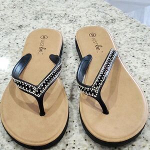 Just Be Black and Silver Rhinestone Flip Flops, Size 9